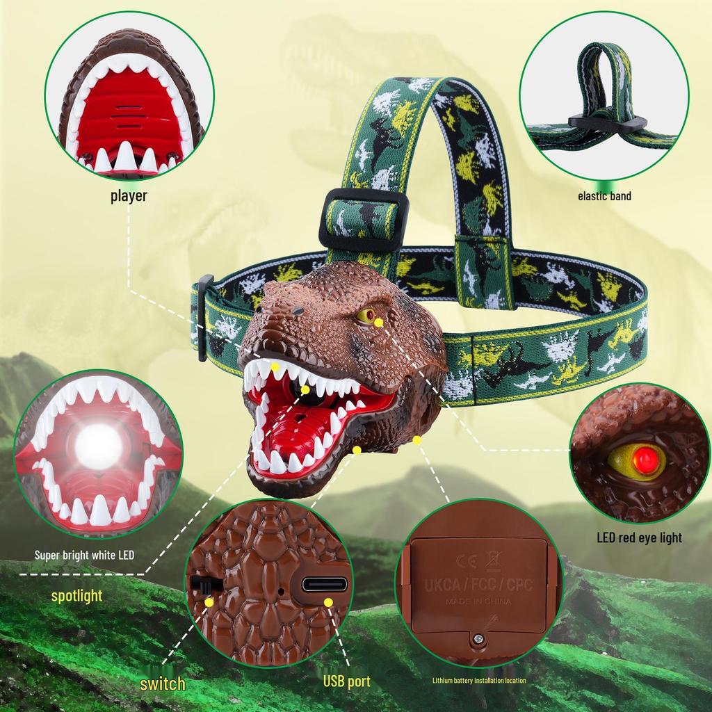 Dinosaur Shaped LED Kids' Headlamp - Night Light for Camping and Outdoor Play