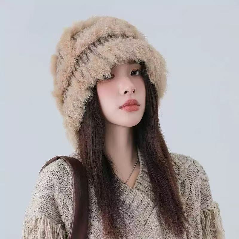Winter Cute Fluffy Rabbit Fur Blend Bucket Hat For Big Face