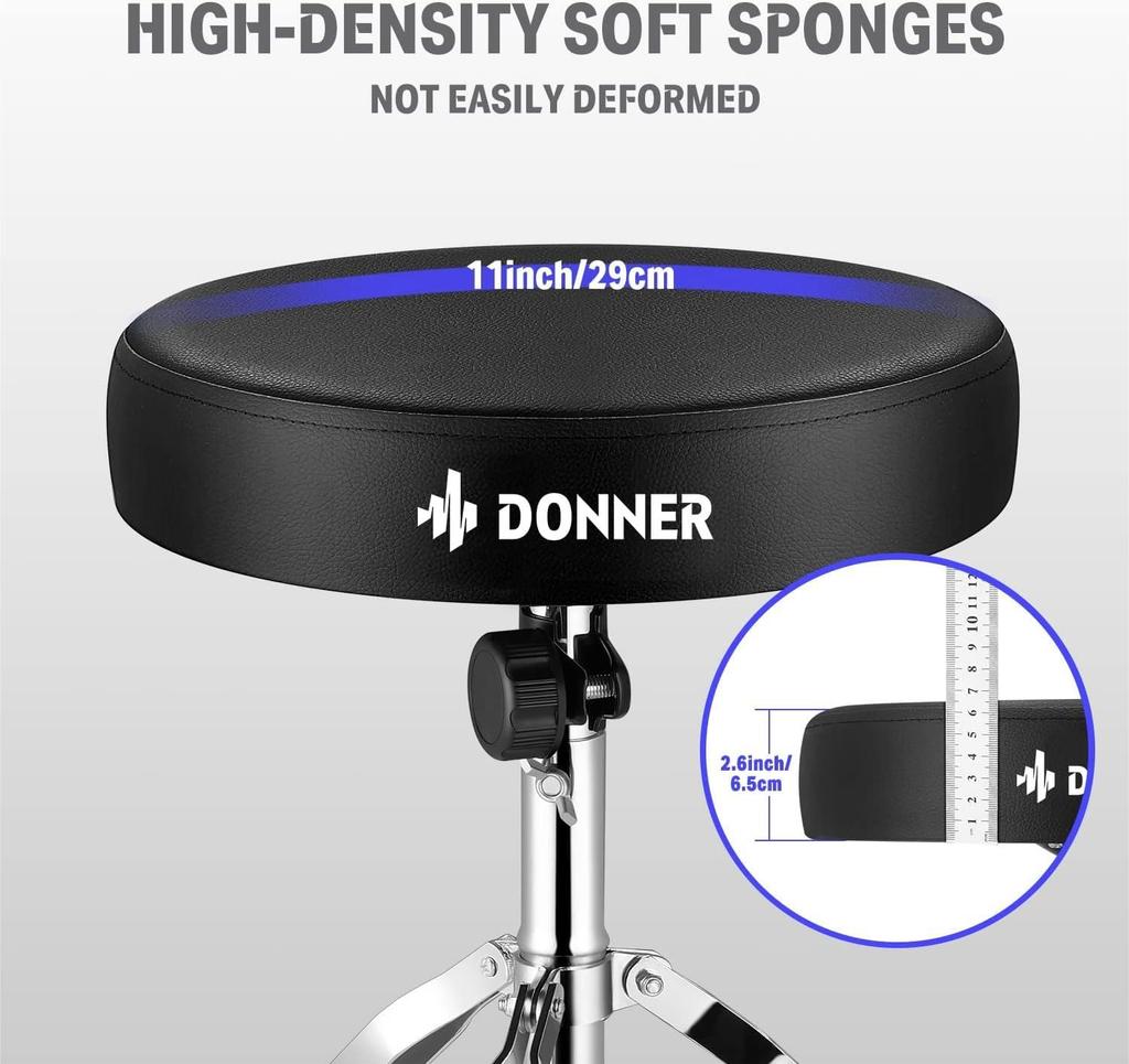 Donner Drum Throne, 48-58cm Height Adjustable, Foldable Maple Drum Stool with Drumsticks