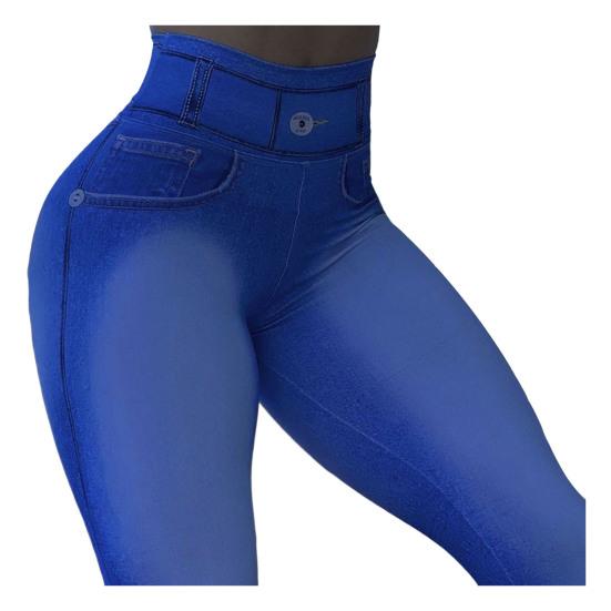 Pantalones de Yoga Cintura Alta Tejido Elástico Ajuste Adelgazante Textura Imitación Denim Pantalones de Ejercicio Leggings de Entrenamiento Versátiles