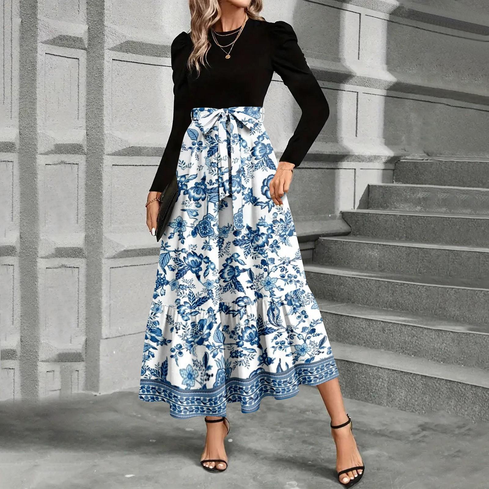 

Женское платье с цветочным принтом и высокой талией, модное и элегантное M синий