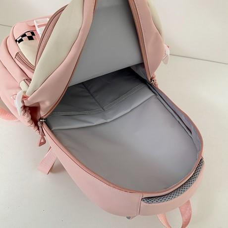 Schoolbag: Korean style cherry blossom peach pink with creamy strawberry kitten, academy style, multi-layered backpack for middle and high school