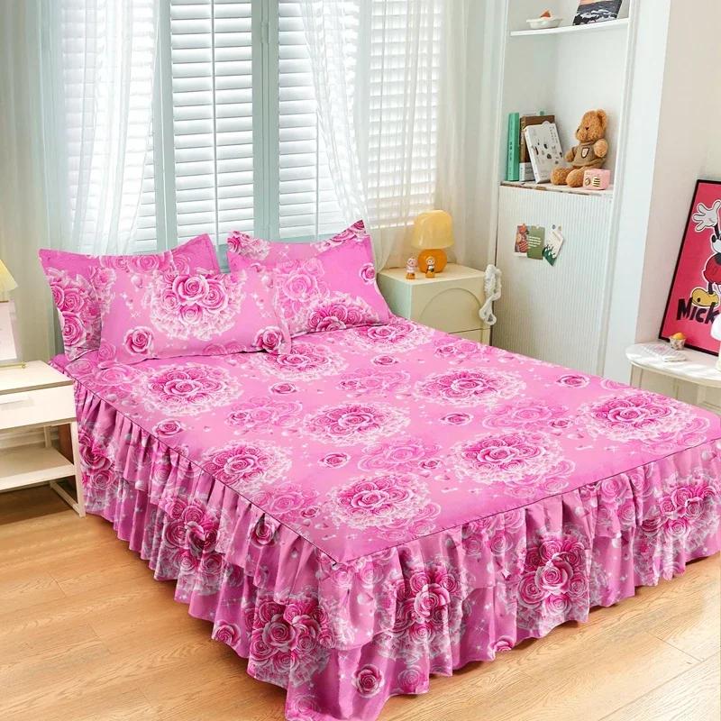 Nordic Floral Queen Bed Skirt Without Pillowcase Double Single Mattress Cover Anti-slip Full Size Adjustable Bedspread 360°Warp