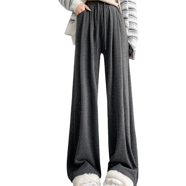 Women's Solid Color Wide-Leg Pants - Autumn/Winter 2024, Mid-Waist, Loose Straight-Leg, Floor-Length