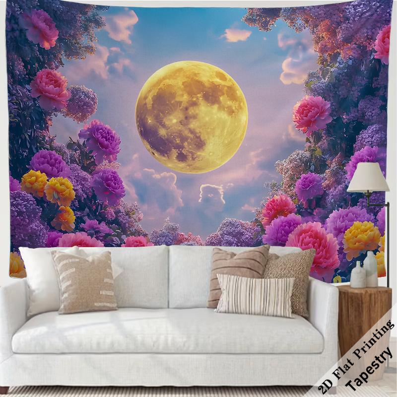 Boho Celestial Moon and Flower Tapestry Large Floral Garden Wall Decor Boho Tapestry Printing Art for Bedroom Living Room