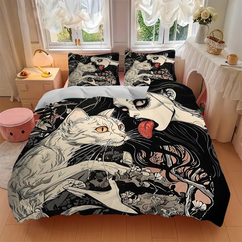 3pcs Whispering Whiskers Woman and Her Cat Printed Bedding Set, Soft and Comfortable Quilt Cover for Bedroom, Guest Room (1 Duvet Cover + 2