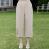 Women's Plus Size Embroidered Cropped Pants, Linen Blend Elastic Waist Capri Pants (3XL-7XL)