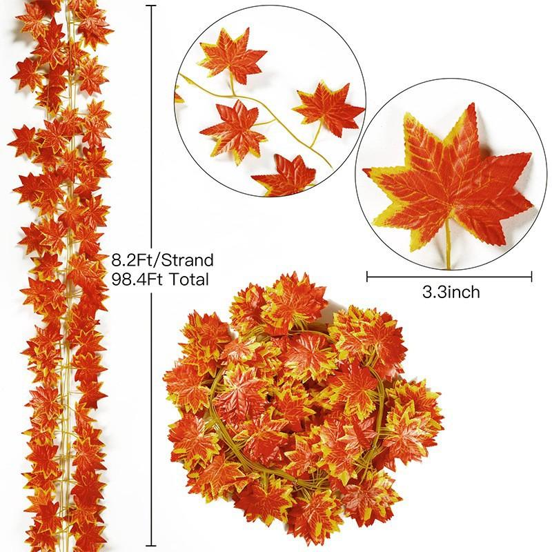 12pcs Elegant Autumn Artificial Maple Leaf Wreaths, Extra Long Rustic Fall Wreaths, for Thanksgiving and Halloween/Christmas