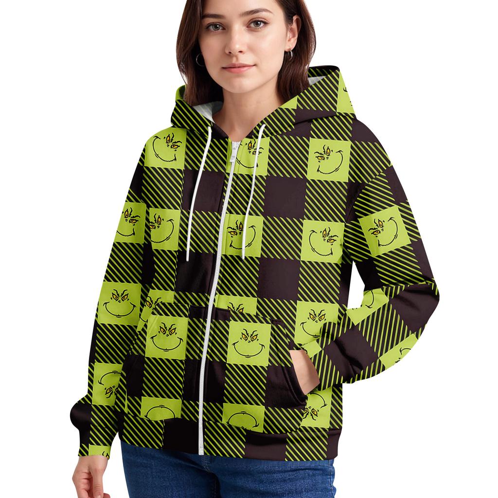 Damska casualowa bluza z kapturem, z zamkiem błyskawicznym, z nadrukiem, z długim rękawem