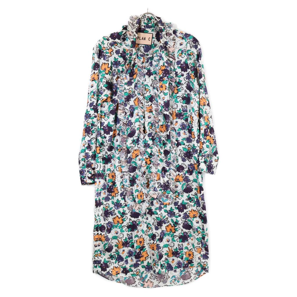 Plan C ABCAB64VZ8TP060 Flower Frill Bow Tie Long Sleeve Dress 38 White / multicolorUsed