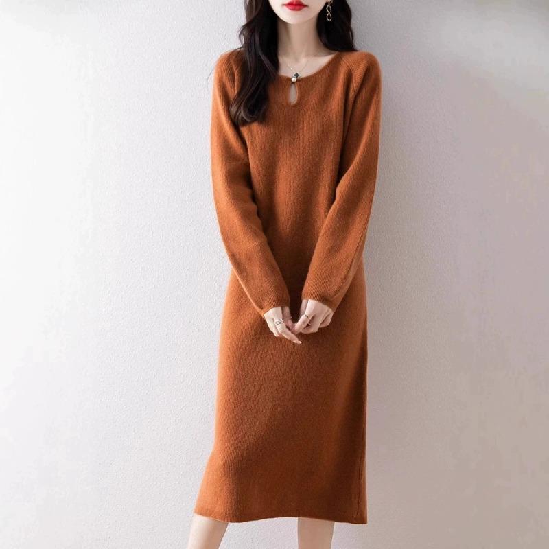 Autumn and winter new simple and versatile knitted dress femininity gentle wind loose and thin medium and long sweater skirt