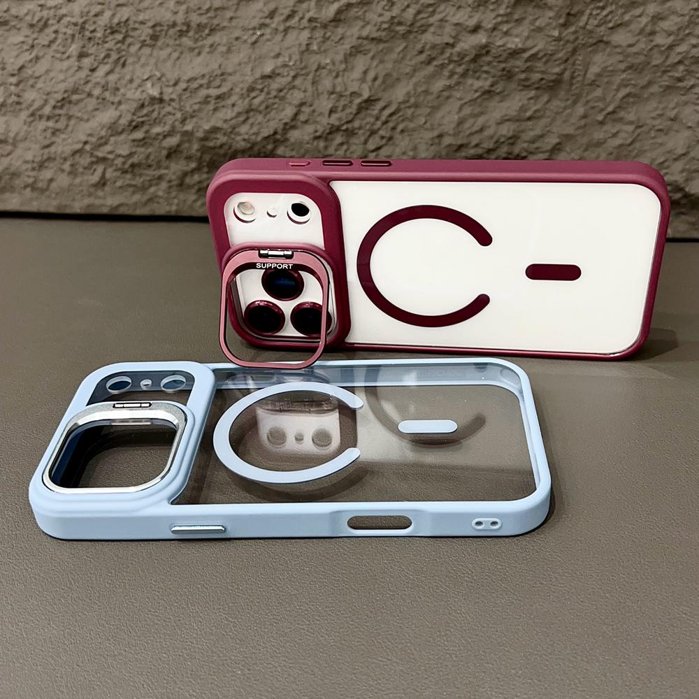 KEYSION Magnetic Transparent Phone Case for MagSafe for iPhone 17 Pro Max 17Air Metal Lens Stand Shockproof Lens Protector Cover