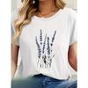 European Sizes Women's Floral Print Casual T-Shirt - Short Sleeve Round Neck Summer Top with Lavender Flowers & Green Stems