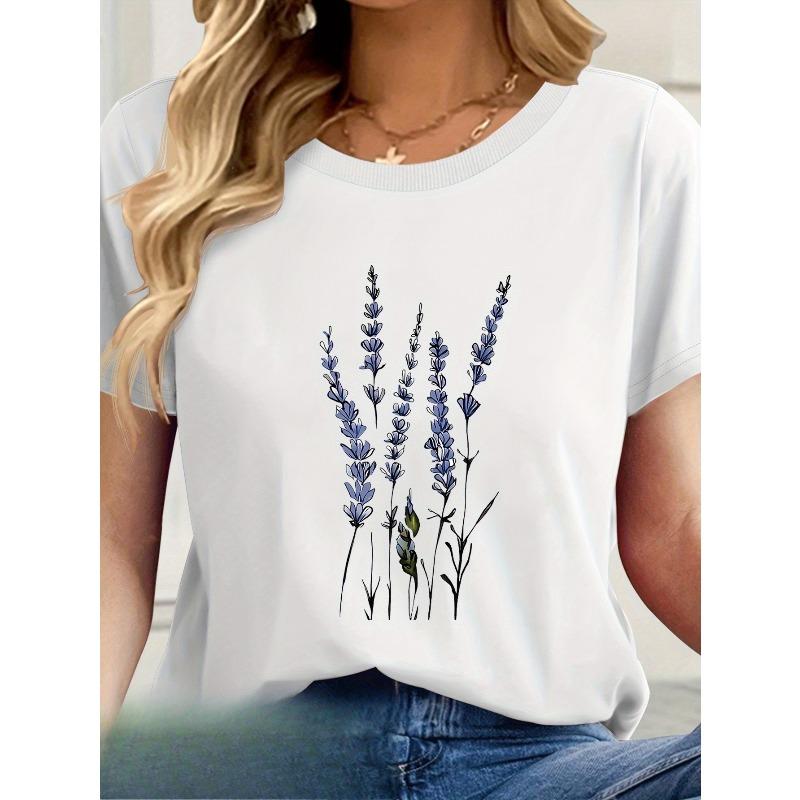 

European sizes Women s Floral Print Casual T-Shirt - Short Sleeve Round Neck Summer Top with Lavender Flowers & Green Stems 4XL білий