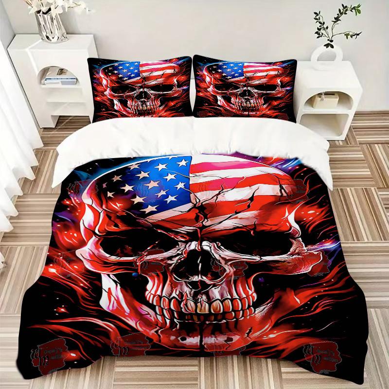 3pcs Skull with Flames Quilt Cover Set - Soft & Comfortable Polyester Fabric, All-Season Breathable Comforter Set For 1 Quilt Cover & 2 Pillowcas