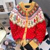 Christmas Style Women's Cardigan Red Single Breasted Round Neck Knitted Sweaters Striped Jacquard Autumn Woman Outerwear