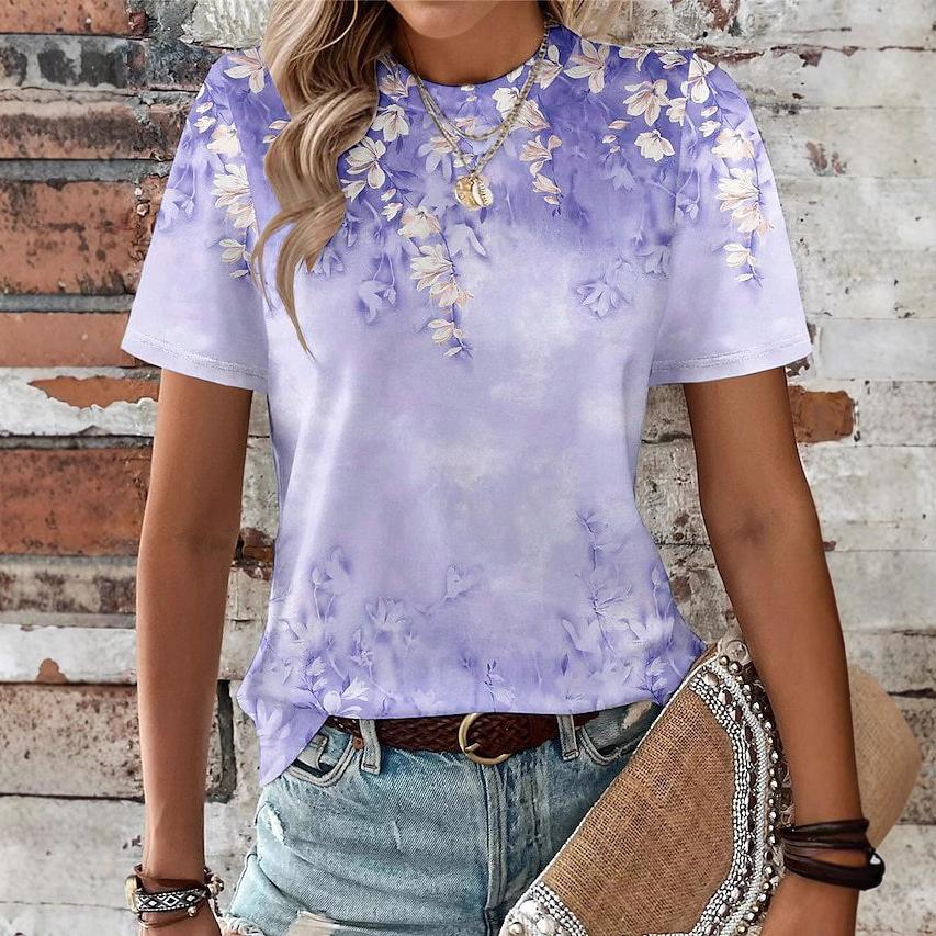 Summer Round Neck 3D Flower Print Top Fashionable Casual Short Sleeved Women's T-shirts