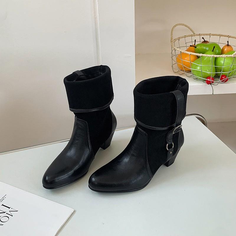 Womens Round Toe Chunky Heel Ankle Boots Winter Slip On Fashion Western 5cm