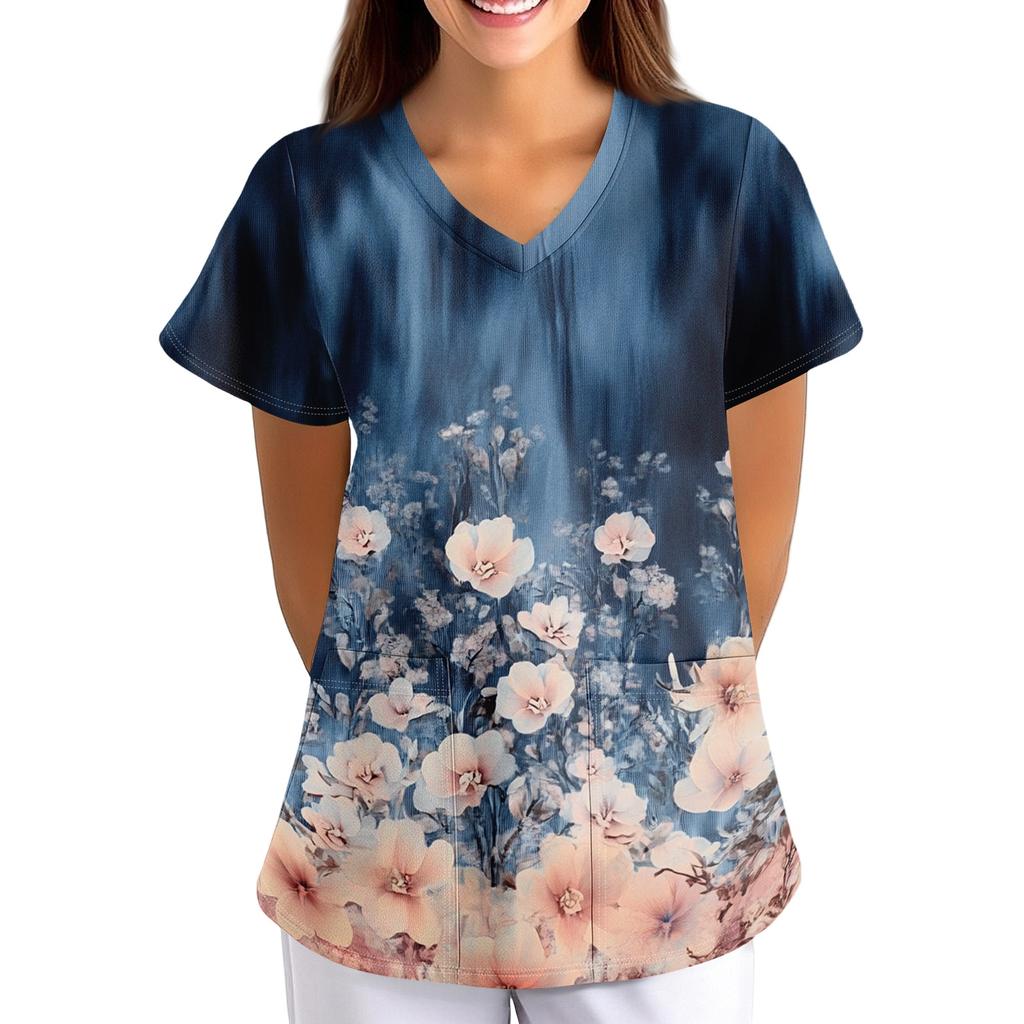 Women's Floral Print Loose Fit V Neck Short Sleeve Work Scrub Top with Pockets for Healthcare Professionals Nursing Uniform
