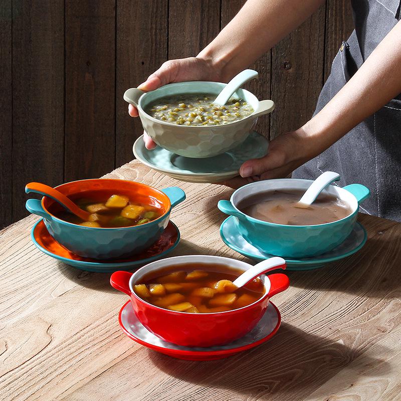 A5 Melamine Porcelain-Style Dessert Bowls: Creative Double-Ear Set for Sweets, Soup, Shaved Ice, and Snacks