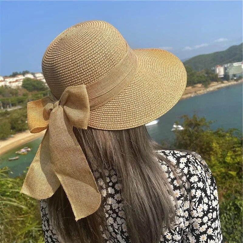 Large Bow Summer Straw Hat Women Wide Brim Panama Beach Cap Portable Foldable Travel Female Sunshade Hat