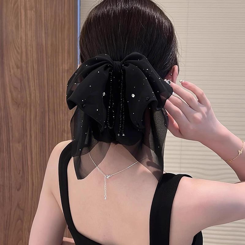 Butterfly Knot Tassel Hair Clip Diamond Embedded Updo Shark Clamp Women'S Dark Style High Quality Feeling Hair Accessories