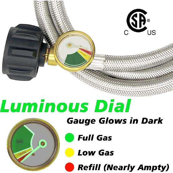 Upgraded 48" Stainless Braided QCC1 Type Inlet Propane Refill Adapter Hose Extension Propane Refill Hose with Gauge ON/Off Control Valve for 1LB