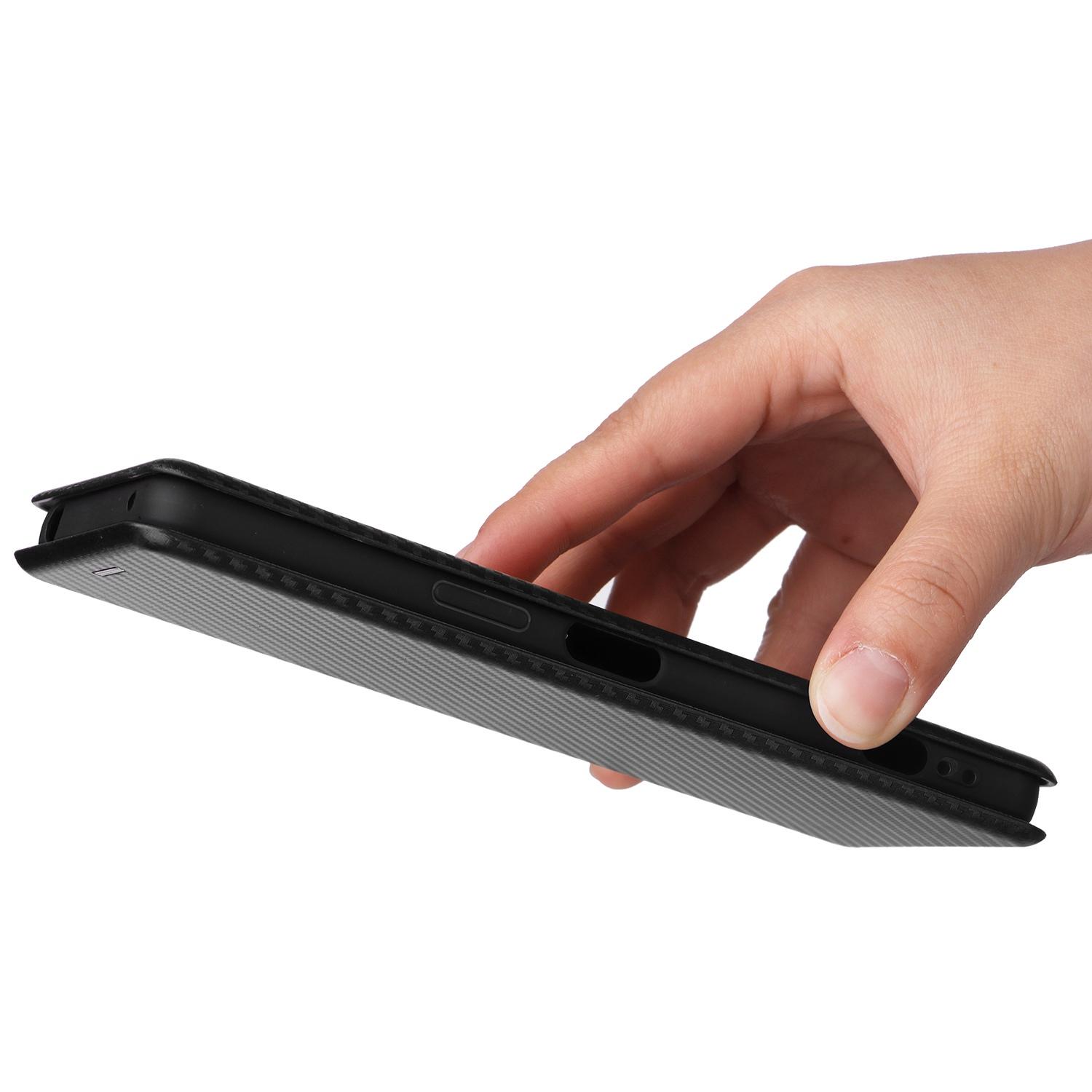 

For Sony Xperia 1 IV Card Holder Design Carbon Fiber Texture Leather Case Magnetic Auto Closing Full Protection Shockproof Flip Stand Cover Black