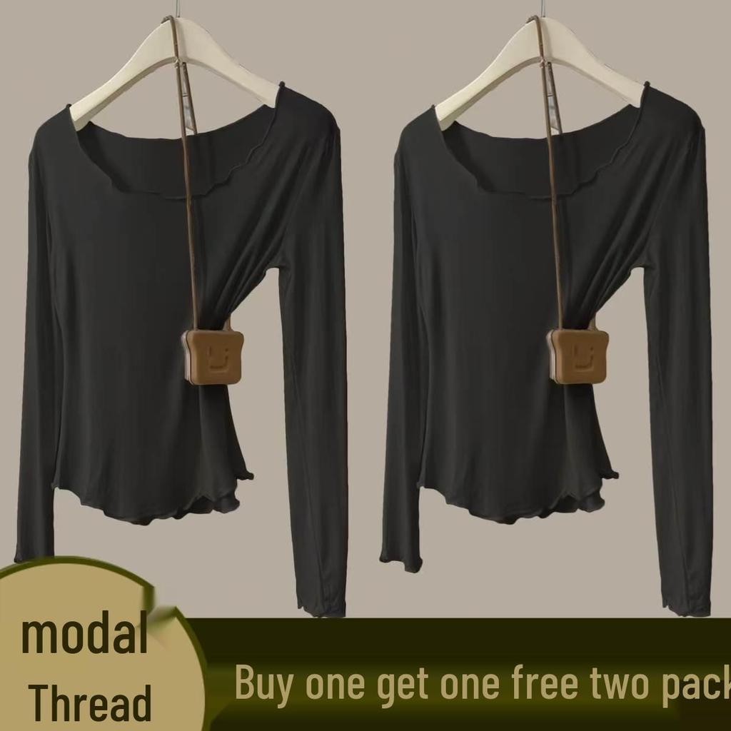 Women's Autumn Modal Ribbed Top: Round Neck, Long Sleeve, Rolled Hem, Base Layer T-Shirt