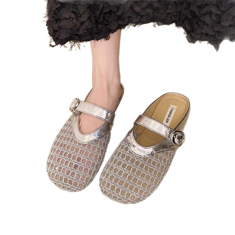 Hollow woven bag head half slippers women's outer wear 2025 summer new shoes soft sole breathable lazy cool slippers