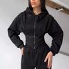 Damen Unifarbene Kapuzen Crop Top Weite Hosen Set Lässiges Streetwear Outfit Winter 2025