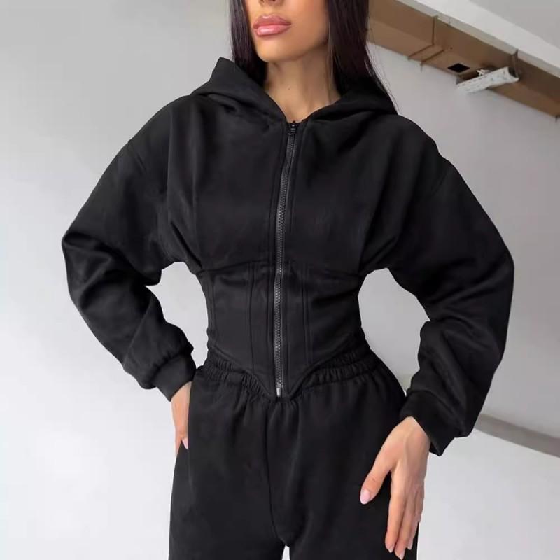 Damen Unifarbene Kapuzen Crop Top Weite Hosen Set Lässiges Streetwear Outfit Winter 2025