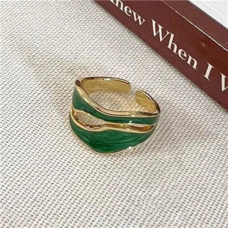 Luxury Irregular Adjustable Finger Ring Retro Stainless Steel Double Oil Drip Open Rings for Women  2025 New Trendy Zircon зелёный