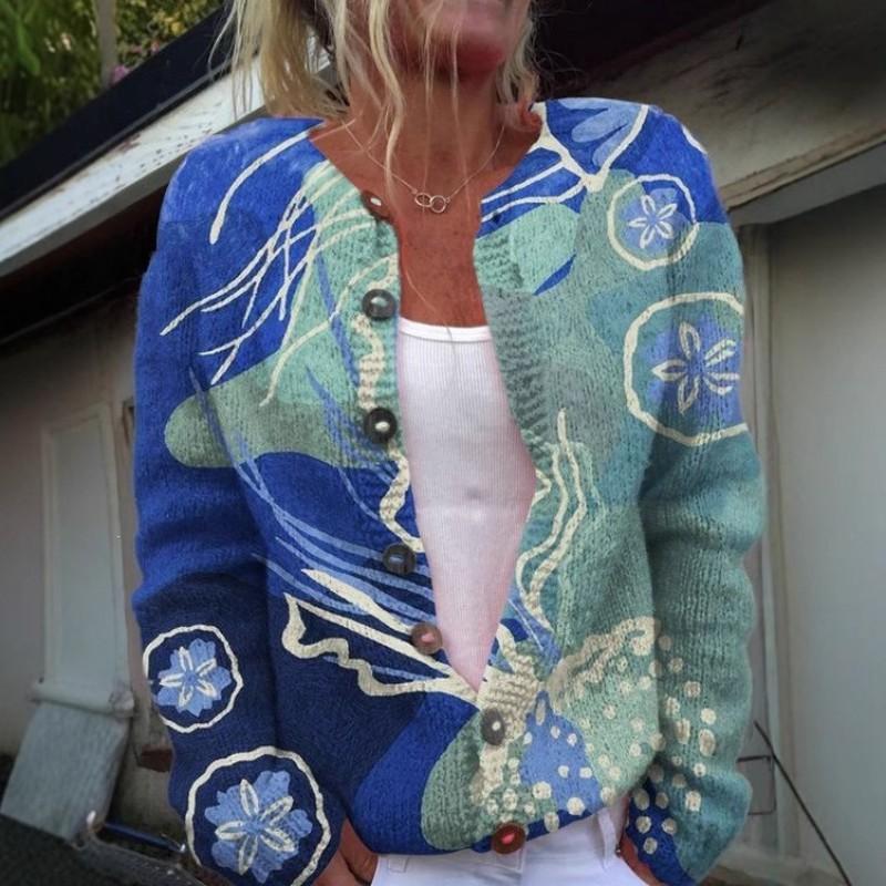 Womens Loose Knit Cardigan With Floral Print U-Neck Long Sleeve Sweater Christmas Casual Wear
