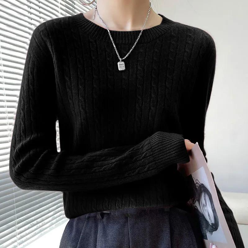 

Свитер женский осенне-зимний теплый вязаный низ с круглым вырезом рубашка свободный удобный пуловер верхний свитер M чёрный