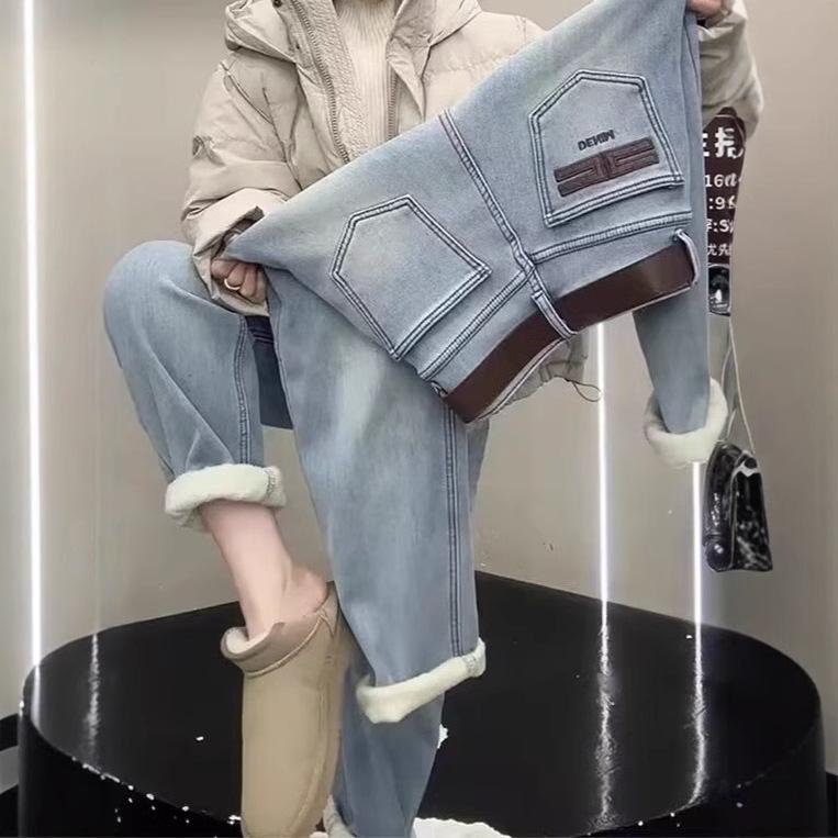 

Женские джинсы больших размеров на флисовой подкладке с высокой талией и прямыми штанинами - Зимние утягивающие брюки-капри свободного кроя 3XL