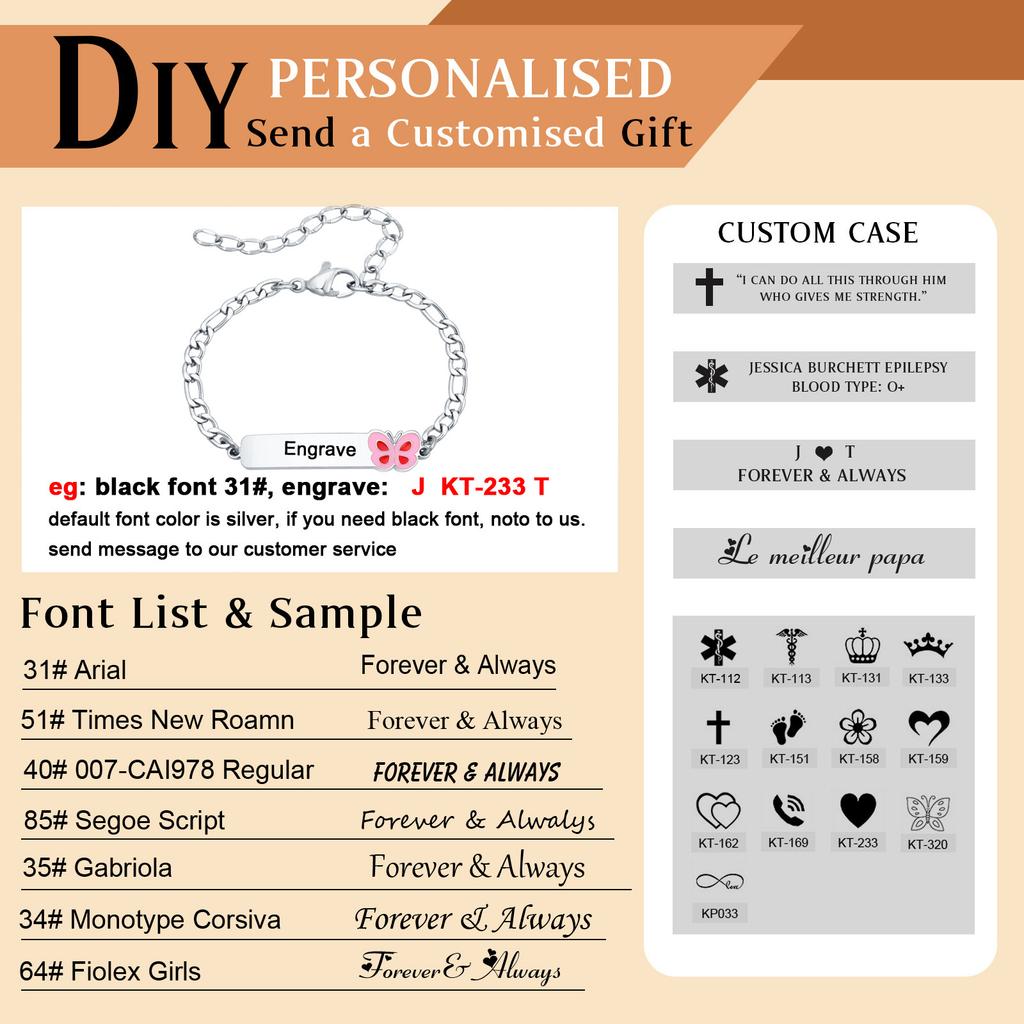 Pulsera Personalizada Grabada con ID y Nombre para Niños y Niñas, Cadena Figaro Mariposa Ajustable, Regalo para Recién Nacidos f