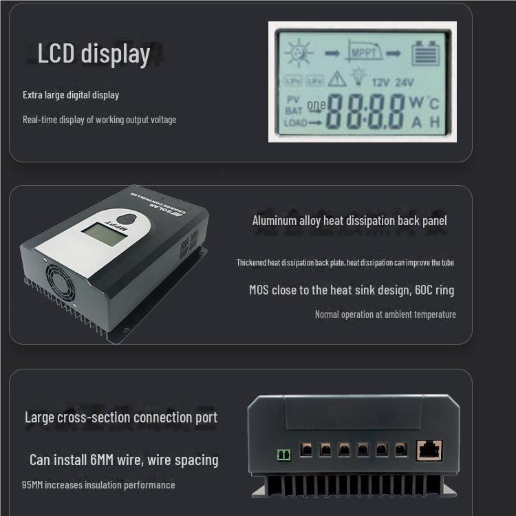 Telecomandă solară MPPT 10A-50A, ID automată, 12V/24V fotovoltaic