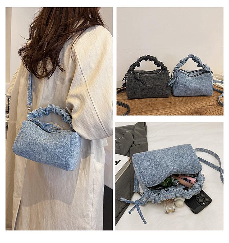 Korean Style Chic Denim Pleated Embroidered Crossbody Bag for Women