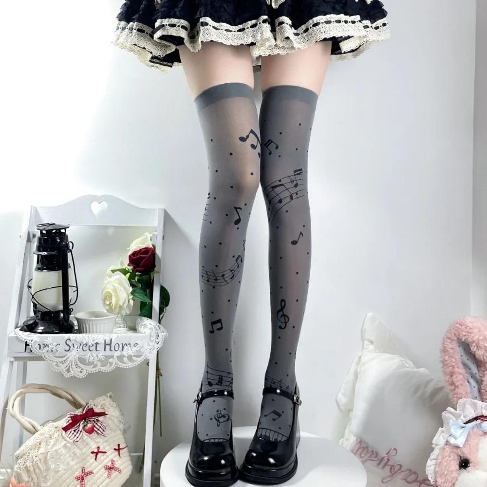 Summer Thin Music Note Sheer Pantyhose for Women Sweet Cool Lolita School Style Versatile Tights Breathable Stockings