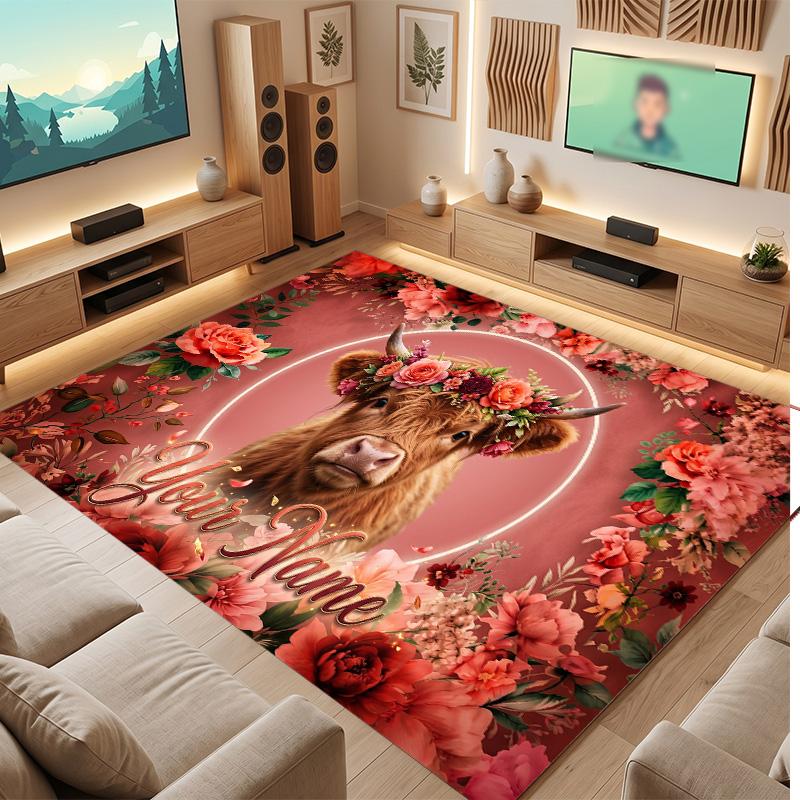 Highland Cow Theme Soft Crystal Velvet Rug Custom Name & Text Print Non Slip Floor Rug for Bedroom Living Room