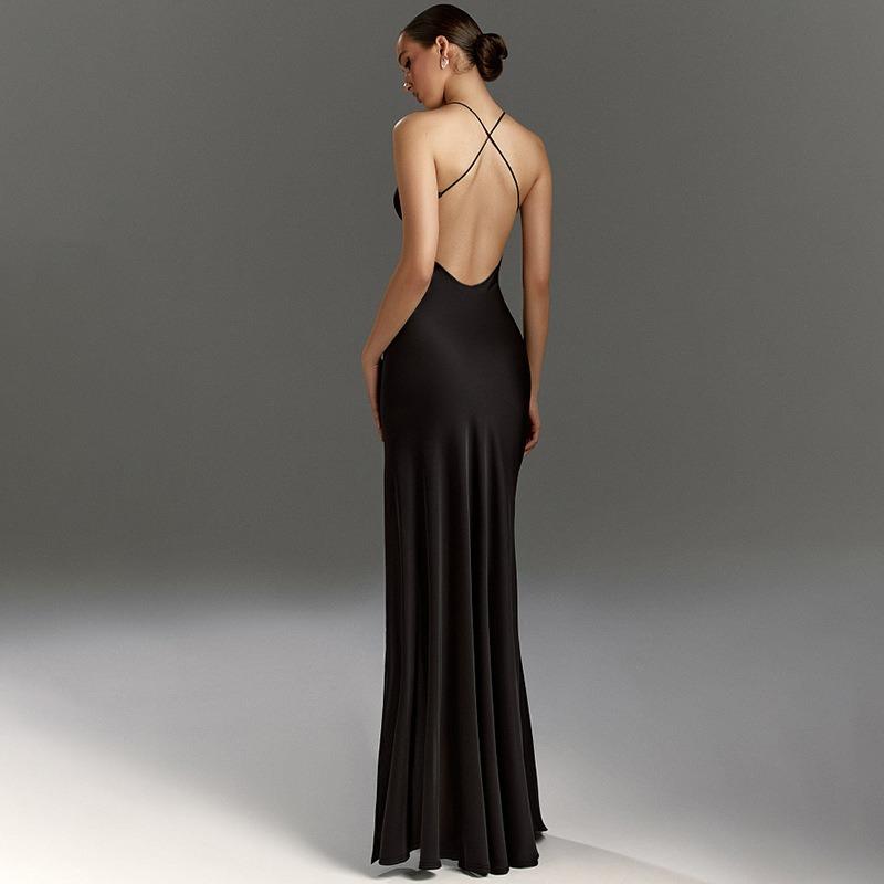 2026 V Neck High Split Long Summer Elegant Slip Dress Women Sexy Backless Bandage Evening Party Dresses Solid Color A-line Slim Fit Hot Girl Clothing