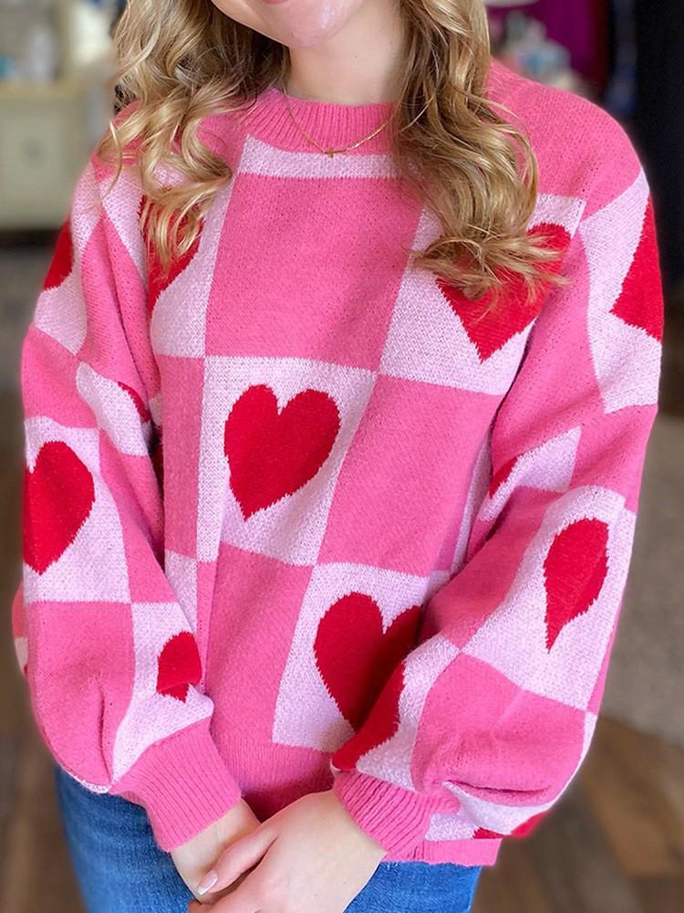 Women's 2025 Winter Heart Plaid Color-Block Sweater - European American Fashion, Round Neck Knit Pullover