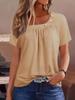 Women New O Neck Button Decoration Pleated T-Shirt Summer Solid Color Short Sleeve Tops Female Comfortable Casual Commuter Tees