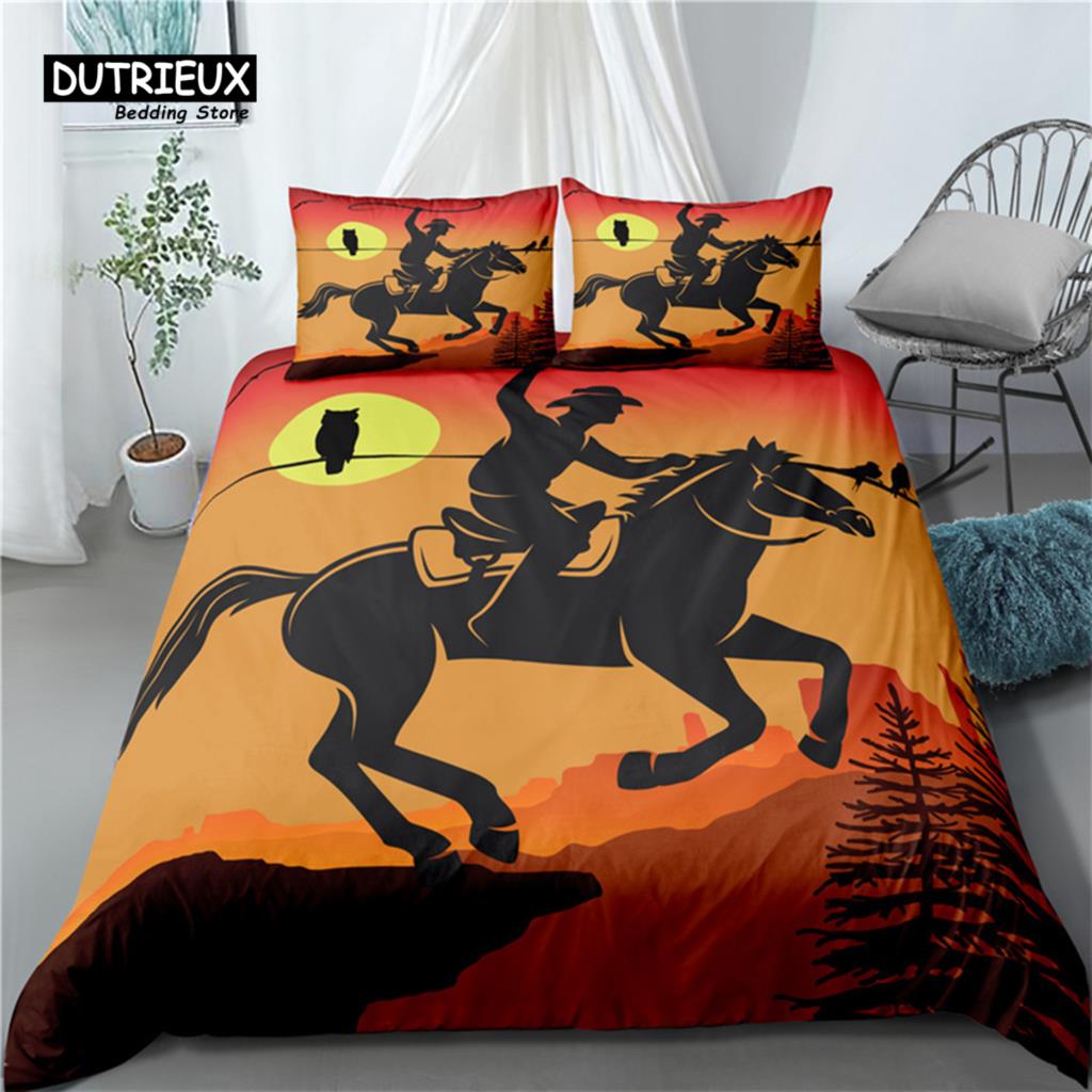 Cowboy Bedding Set Wild West Cowboys Western Style And Horses Themed Duvet Cover Microfiber Quilt Cover For Kids Boys Teen Decor