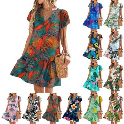 Women's Dresses Short Sleeve V-Neck Floral Printed Loose Casual Temperament Beach Dresses
