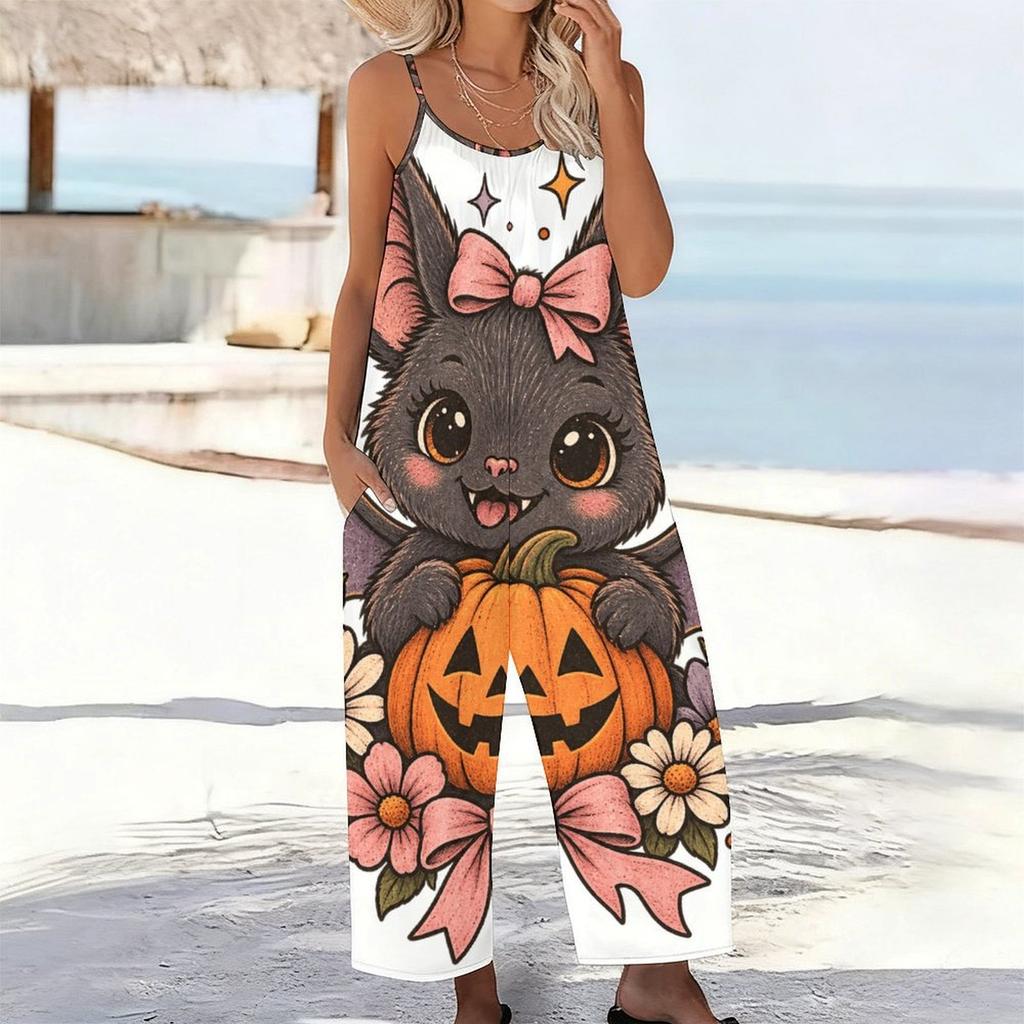 Women Spaghetti Strap Jumpsuit Camping Car Campfire Pumpkin Bat Halloween Print Wide Leg Pants With Pockets