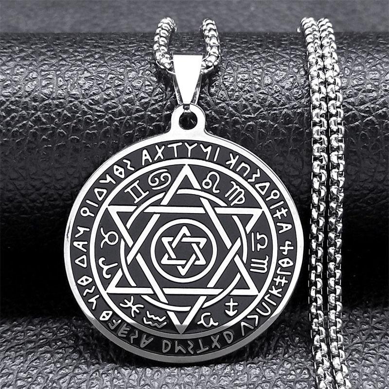 Norse Runes Hebrew Zodiac Constellation Pendant Stainless Steel Star Of David Necklace
