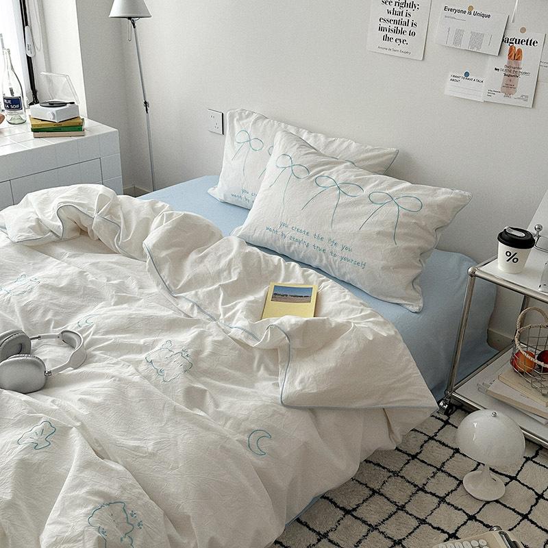 Girl Heart Simple Four-piece Set Soft Washed Cotton Cute Embroidery Heavy Industry Bed Sheet Quilt Cover Dormitory Three-piece Set