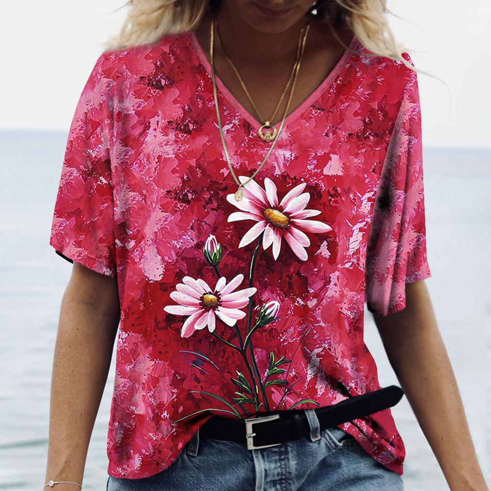V-neck Women's Short Sleeve Summer Outdoor Casual T-shirt Tops Flower Printed Patterns Fashion